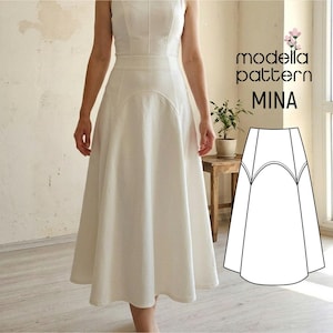 May include: A white midi skirt with a fitted waist and a flared silhouette featuring curved seam detailing. The image includes the text modella pattern MINA and a black and white line drawing illustration of the skirt design pattern.