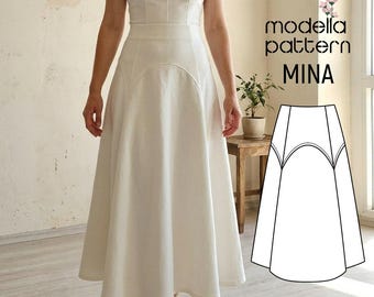 MINA Maxi Skirt Sewing Pattern PDF, Architectural Oval Yoke Panel Skirt, Color-Block Flared Skirt DIY, Size 44-52, Video Tutorial Included