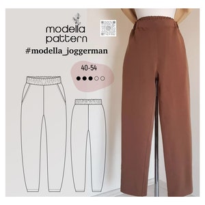 Puede incluir: Un patrón de costura para pantalones de chándal, con un pantalón marrón en un maniquí. El patrón incluye las tallas 40-54. El patrón se llama "modella_joggerman".