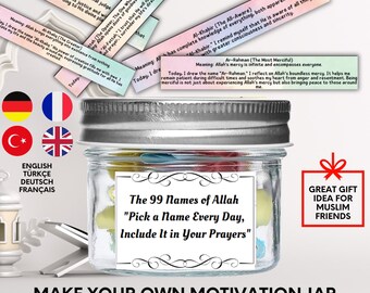 El tarro de motivación de los 99 nombres de Dios, tarro de motivación islámica, recordatorios islámicos, regalos islámicos, regalo para un amigo musulmán, tarro islámico hecho a mano
