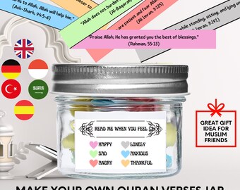 Frasco imprimible con versículos del Corán, versículos del Corán en color, motivación para cada estado de ánimo, recordatorios islámicos, regalos islámicos, regalo para un amigo musulmán
