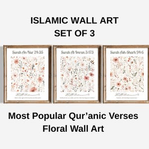 Islamic Wall Art Set of 3 , Floral Quran Verse Prints , Arabic Calligraphy Boho Muslim Home Decor , Muslim Wall Art , Quran Verse Wall Art