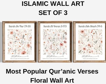Juego de 3 impresiones de arte mural islámico, impresiones florales de versículos del Corán, caligrafía árabe, decoración bohemia musulmana para el hogar, arte mural musulmán, arte mural con versículos del Corán