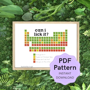 Może przedstawiać: Oprawiona tabela okresowa pierwiastków z tekstem "can i lick it?" i legendą kodowaną kolorami. Fioletowa odznaka głosi "PDF Pattern, Instant Download". Tło to bujne zielone liście.