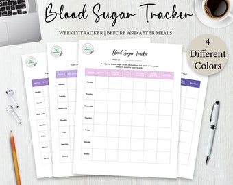 May include: Printable blood sugar tracker with a weekly layout. The tracker includes sections for meals, breakfast, lunch, dinner, and bedtime. The tracker is available in four different colors.
