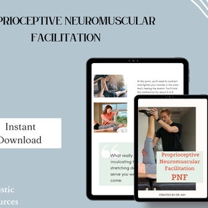 Könnte beinhalten: Ein digitales Tablet zeigt einen Kurs über Propriozeptive Neuromuskuläre Fazilitation (PNF) mit dem Text "Proprioceptive Neuromuscular Facilitation PNF" und "CREATED BY DR. KAY". Der Kurs enthält Bilder von Personen, die Dehntechniken demonstrieren.