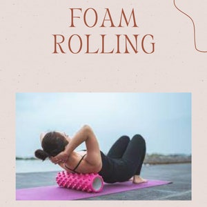 May include: A person using a pink foam roller on a purple yoga mat. The person is lying on their back with their arms extended above their head. The foam roller has a textured surface. The image is titled "FOAM ROLLING" and "CREATED BY DR. KAY".