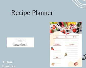 May include: A printable recipe planner with a colorful fruit salad image at the top. The planner has sections for the recipe name, time, servings, ingredients, directions, and notes.
