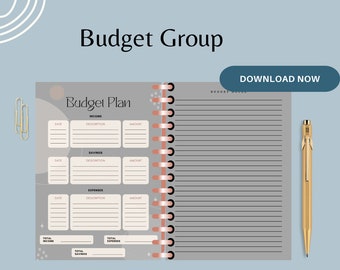 May include: A gray and white budget planner with a pink and white spiral binding. The planner has sections for income, savings, and expenses. The text "Budget Plan" is at the top of the page.