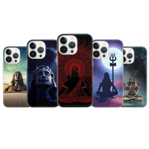 May include: Six different iPhone cases with a variety of designs featuring Hindu deities. The cases are all black and have a clear plastic back. The designs include a blue and white mandala, a red and white mandala, a blue and white moon, a blue and white sky, a blue and white mountain, and a blue and white forest.