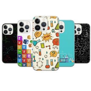 May include: Set of five iPhone cases with different science-themed designs. The designs include chemical formulas, beakers, and other science-related imagery. The cases are all white with colorful designs.
