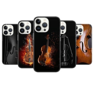 May include: Five different phone cases with a violin design. The cases are black with a clear image of a violin on each. The violins are in different styles, including a traditional violin, a violin with flames, and a violin with a black background.