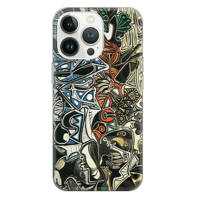 May include: A clear phone case with a colorful abstract design. The design features geometric shapes, lines, and swirls in shades of red, blue, black, white, and yellow. The case is compatible with iPhone 14 Pro.