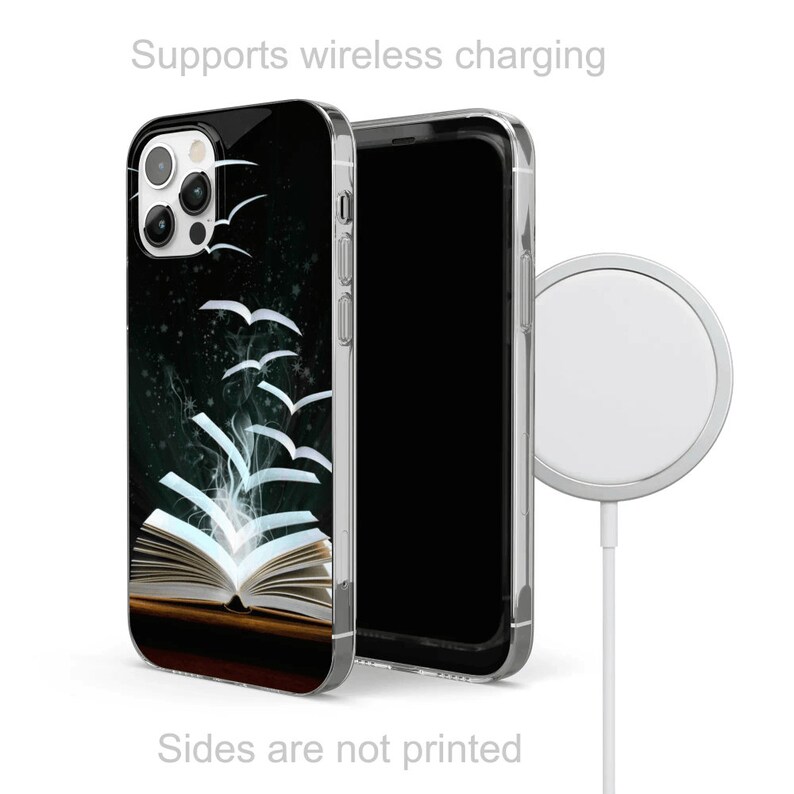 May include: A clear phone case with a black background and a design of an open book with pages flying out of it. The book is surrounded by white stars and the text "Supports wireless charging" is at the top of the image. The sides of the case are not printed.