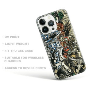 May include: A clear phone case with a colorful abstract design. The case is compatible with wireless charging and has access to all ports.