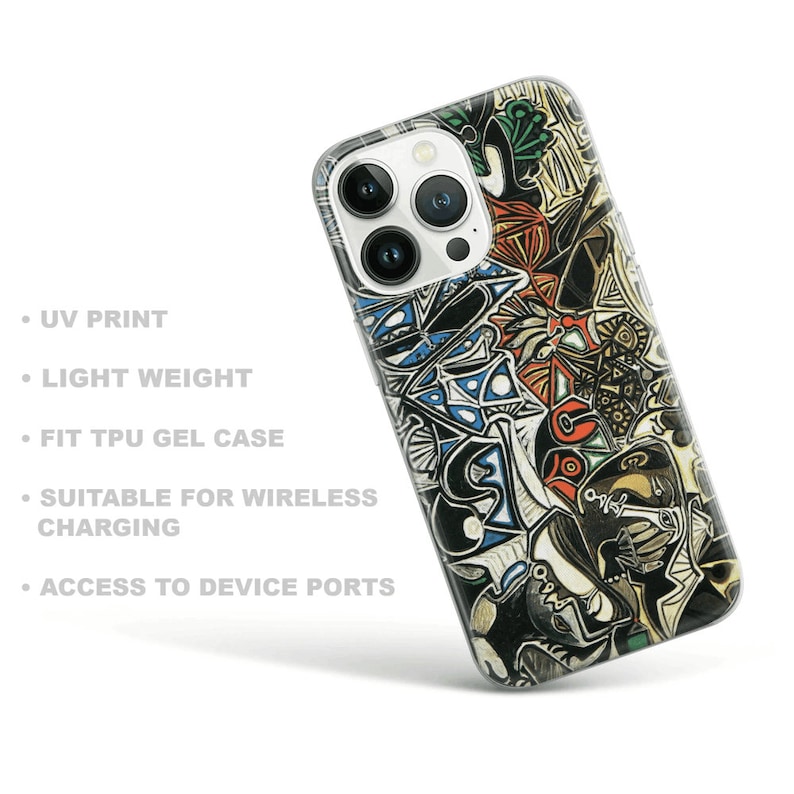 May include: A clear phone case with a colorful abstract design. The case is compatible with wireless charging and has access to all ports.