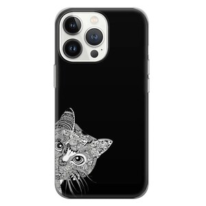 Puede incluir: Una funda de tel&eacute;fono negra con una ilustraci&oacute;n estilizada en blanco y gris de un gato que asoma por el lado derecho de la funda.