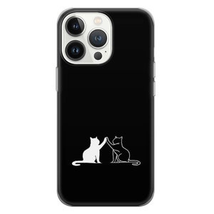 Puede incluir: Una funda de tel&eacute;fono negra con un contorno blanco de dos gatos d&aacute;ndose la mano.