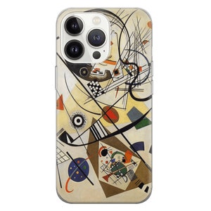May include: A phone case with an abstract art design featuring black, white, red, yellow, blue, and green geometric shapes and lines.