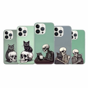 Skeleton Skull Phone Case Gothic Cat Lover Cover for iPhone 17Pro Max, 15 Plus, 14, 13, 12, 11, XS & Samsung S25, S24, A56, A55, Pixel 9, 8