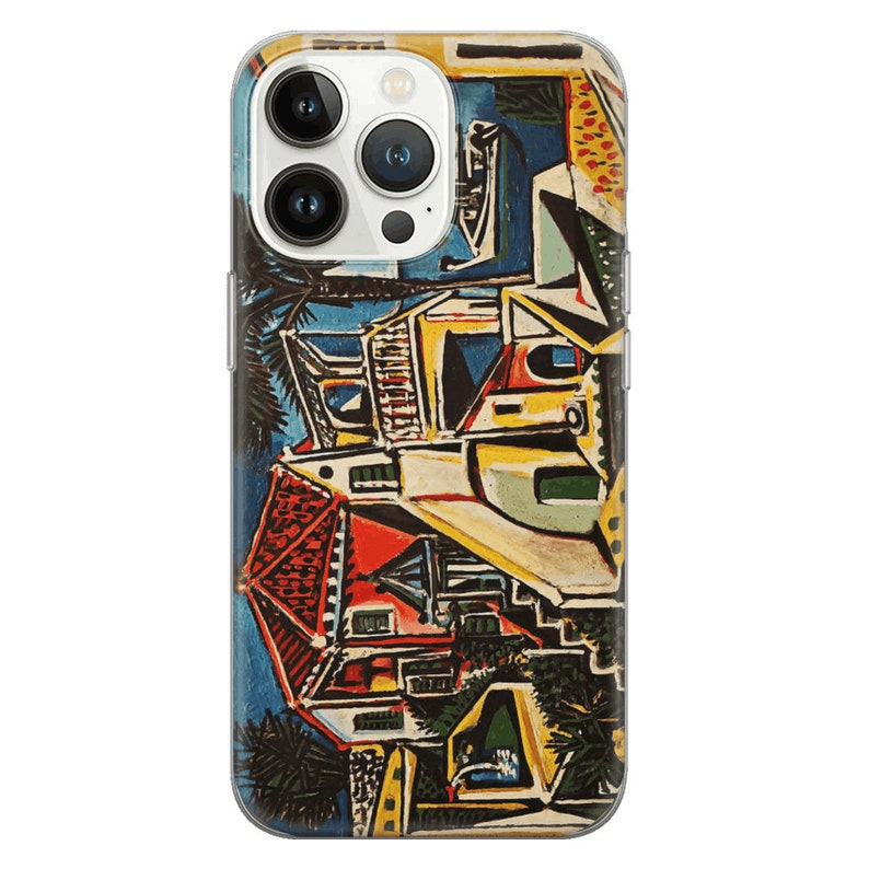 May include: A phone case featuring a colorful abstract painting of a building with a red roof and palm trees. The painting is in the style of Pablo Picasso.