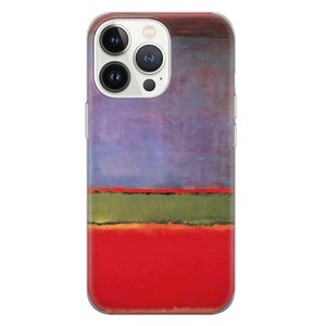 May include: A clear phone case with a colorful abstract painting design. The painting features a blue, green, and red color scheme with horizontal stripes.