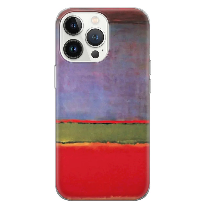 May include: A clear phone case with a colorful abstract painting design. The painting features a blue, green, and red color scheme with horizontal stripes.
