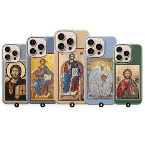 Może przedstawiać: Kolekcja pięciu etui na telefony z ikonami religijnymi. Etui przedstawiają wizerunki Jezusa Chrystusa i innych postaci religijnych w różnych pozach i stylach. Etui są w różnych kolorach, w tym niebieskim, zielonym i beżowym.