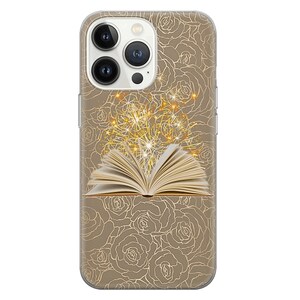 May include: A clear phone case with a gold floral design and an open book with sparkling lights coming from it.