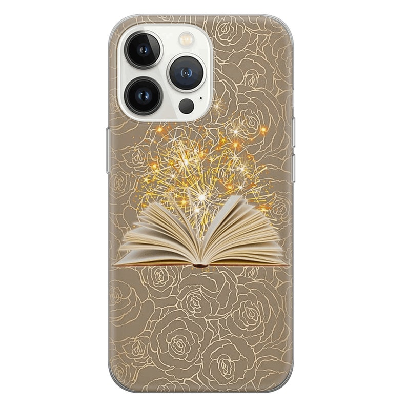 May include: A clear phone case with a gold floral design and an open book with sparkling lights coming from it.