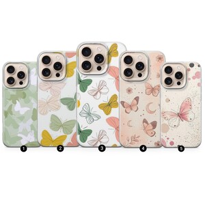May include: Five phone cases with butterfly designs. The cases feature various colors, including green, yellow, pink, and white. Each case has a different butterfly pattern, with some including floral and celestial elements.