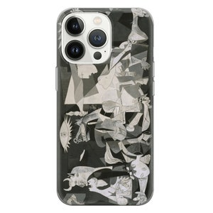 May include: A clear phone case with a black and white abstract art design. The design features geometric shapes and figures, reminiscent of the style of Pablo Picasso.
