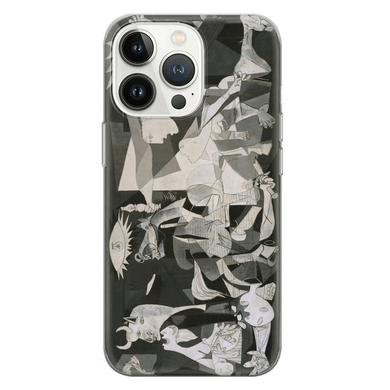 May include: A clear phone case with a black and white abstract art design. The design features geometric shapes and figures, reminiscent of the style of Pablo Picasso.
