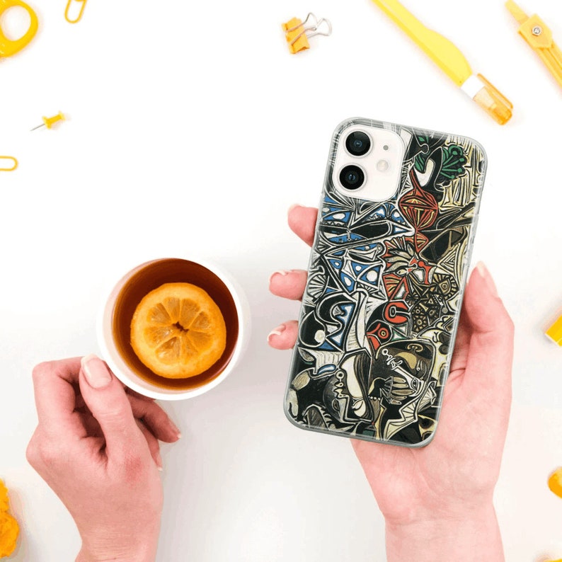 May include: A clear phone case with a colorful abstract design. The design features geometric shapes, lines, and swirls in shades of blue, red, yellow, and black.