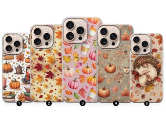 May include: Five phone cases with autumn-themed designs. The cases feature pumpkins, leaves, coffee cups, and a sleeping hedgehog. Colors include orange, red, brown, and pink. The cases are designed for a smartphone.