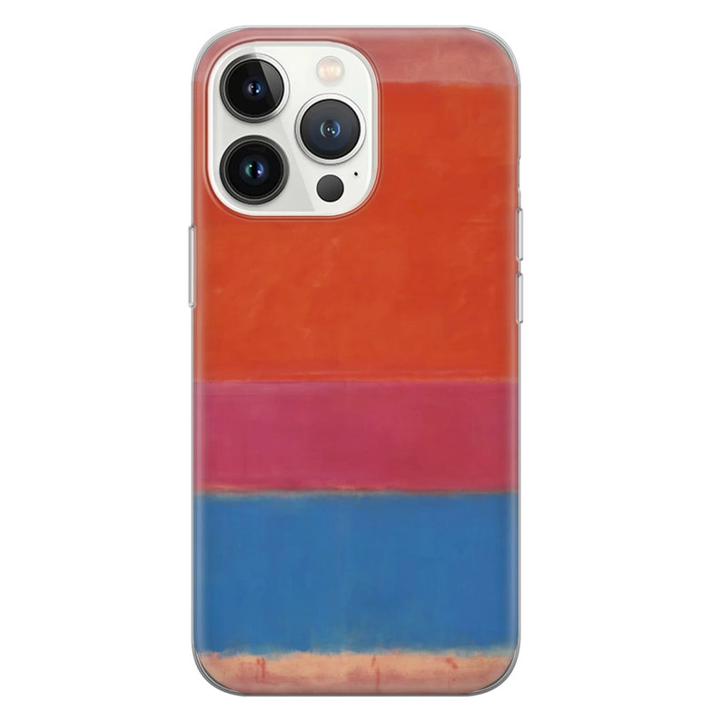 May include: A clear phone case with a colorful abstract painting design. The painting features horizontal stripes of orange, pink, blue, and beige.