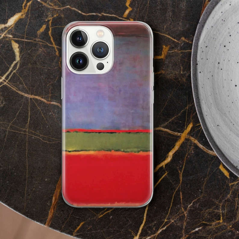 May include: A clear phone case with a colorful abstract painting design. The case features a red, orange, green, and blue color scheme. The case is designed to fit an iPhone.
