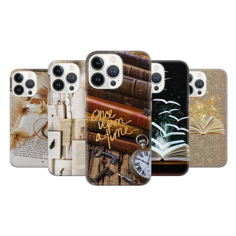 May include: Set of five iPhone cases featuring different book-themed designs. The designs include a stack of old books with the text "Once upon a time", a book with a clock, a book with a feather, a book with a golden glow, and a stack of books with a vintage feel.