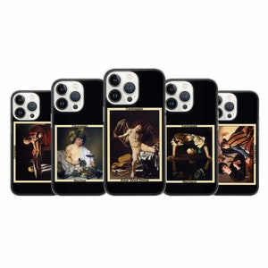 May include: Five black iPhone cases featuring different Caravaggio paintings. The paintings are "Amor Vincit Omnia", "Bacchus", "Narcissus", "The Musicians", and "The Fortune Teller".