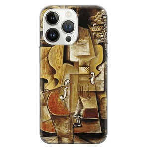May include: A close-up of a cubist painting of a violin and other musical instruments. The painting is in shades of brown, yellow, and red.