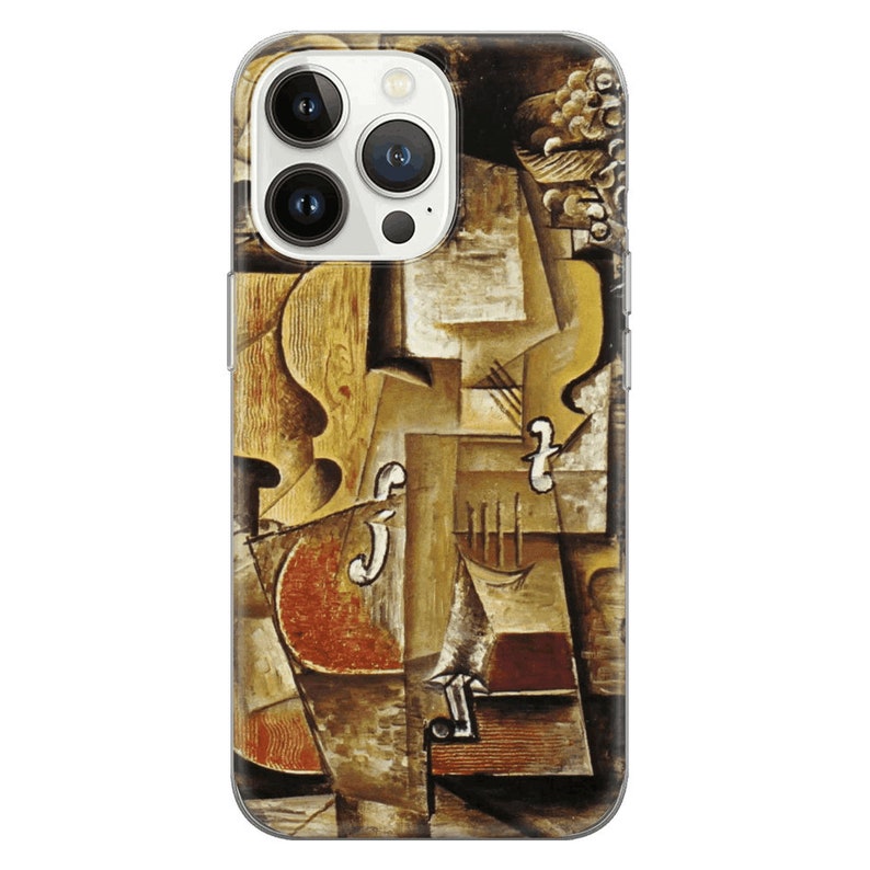May include: A close-up of a cubist painting of a violin and other musical instruments. The painting is in shades of brown, yellow, and red.