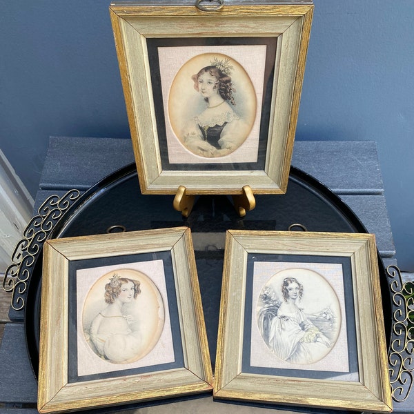 Parisian or Victorian Ladies Small Portraits Set of 3 by Sungott Art Studios the Art Gravure Prints Hand Colored Parlor Display for Library