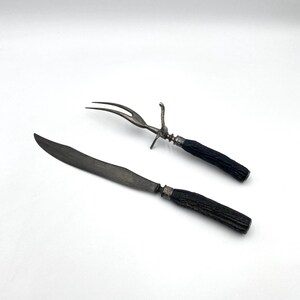May include: A carving set featuring a knife and a fork. The knife has a long, silver blade and a dark, textured handle. The fork has two tines and a similar dark handle. Both pieces have silver accents at the base of the handles.