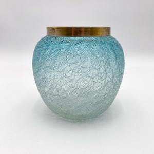Blue Crackle Glass Vase with Brass Collar, 5.5” Tall, 5.75” Wide