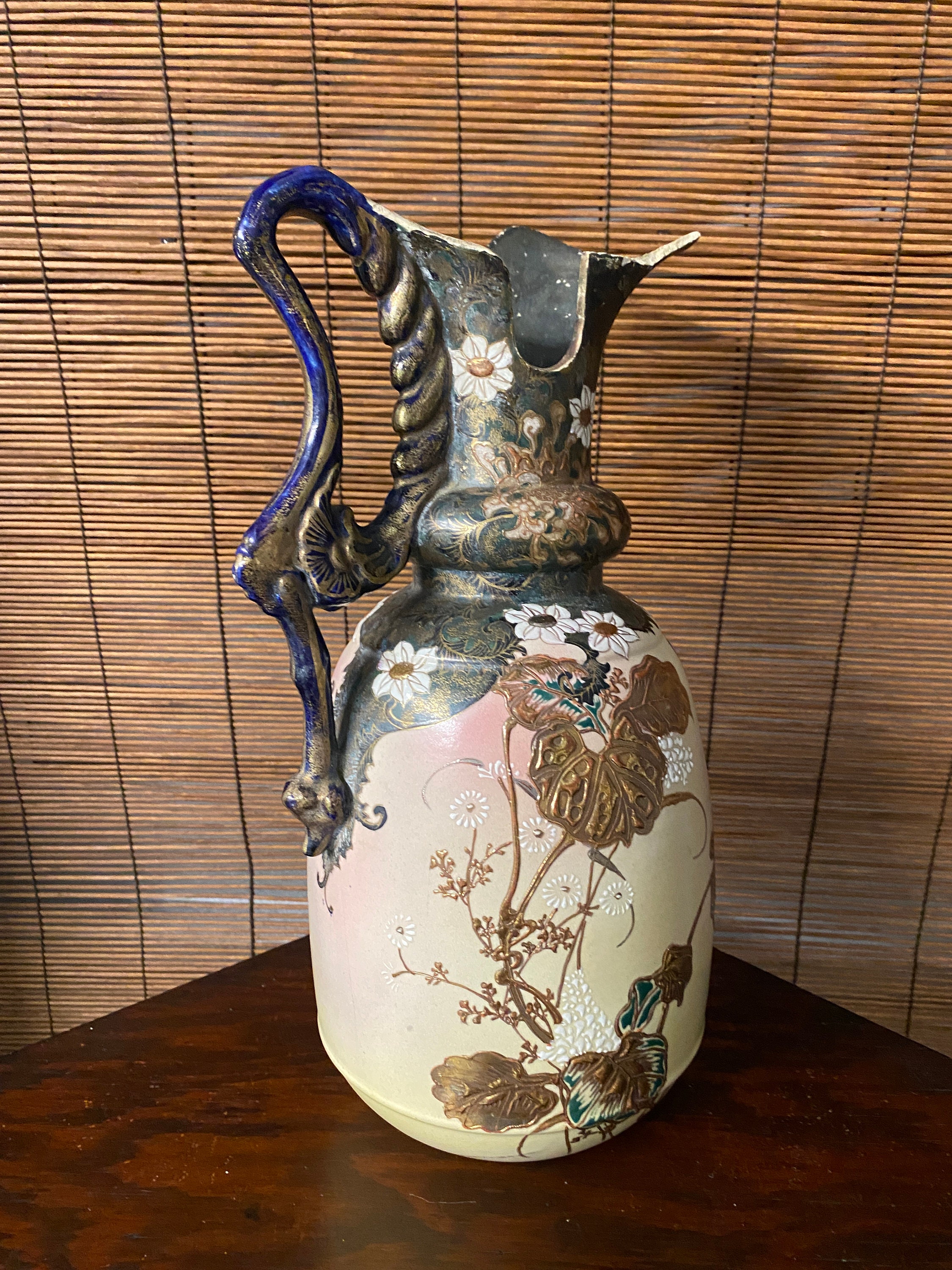 Japanese Satsuma Moriage Meiji Pitcher Blush Pinks, Creamy Yellow