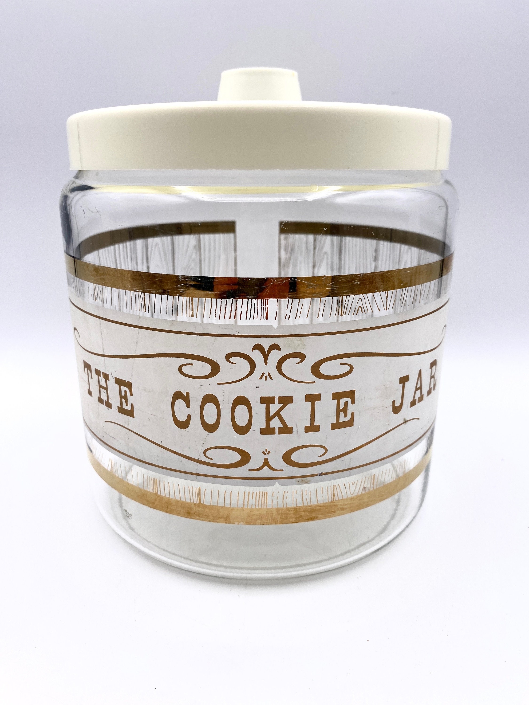 Vintage Glass Pyrex Cookie Jar “cracker Barrel” With Gold and