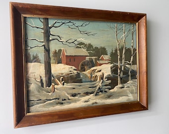 Vintage 1950s Paint by Number Winter Landscape Red Mill Framed Art