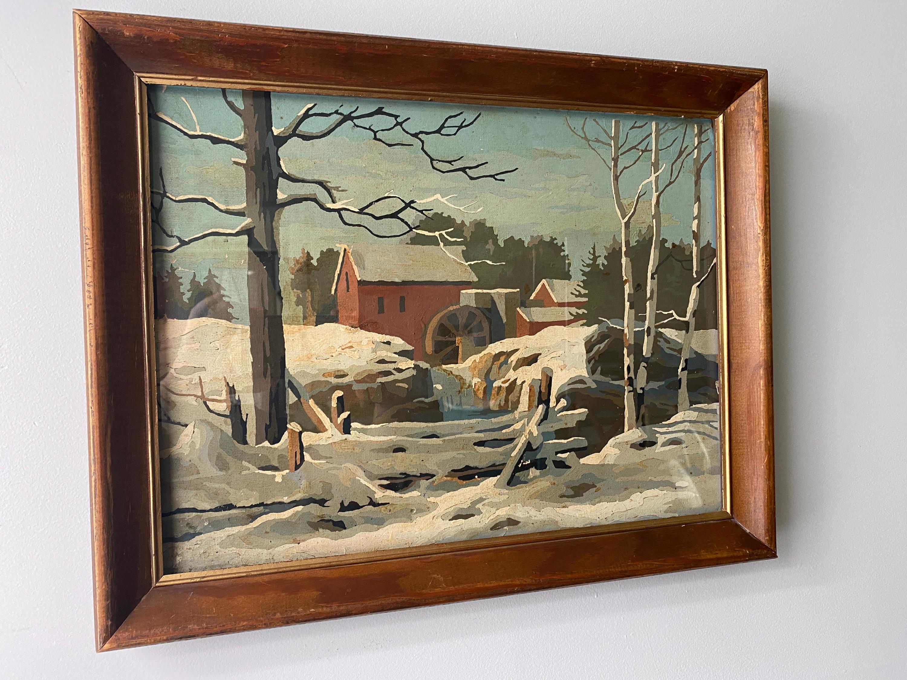 絵画 winter staple Vintage 1950s Paint by Number Winter Landscape Red Mill Framed Art