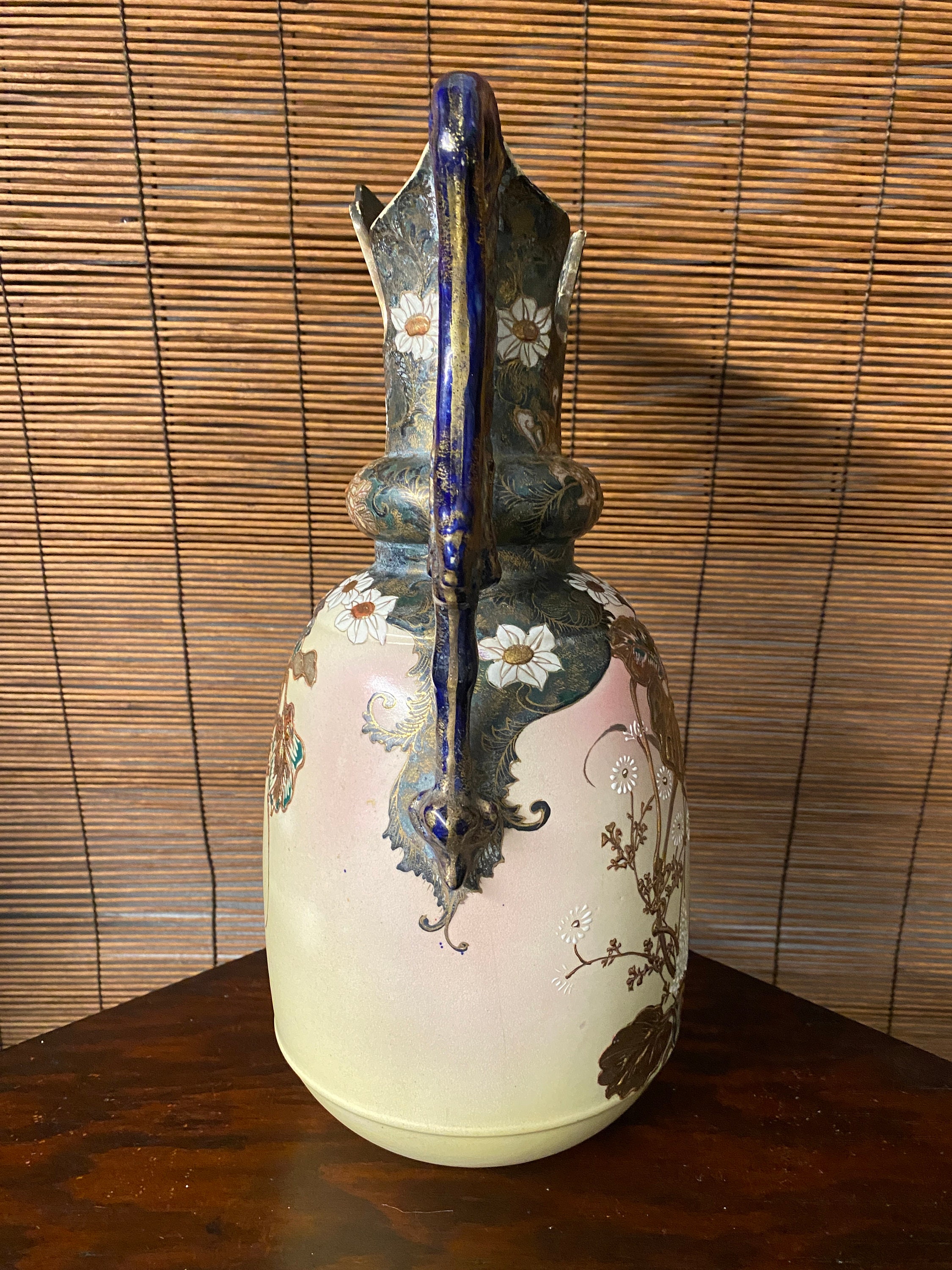 Japanese Satsuma Moriage Meiji Pitcher Blush Pinks, Creamy Yellow