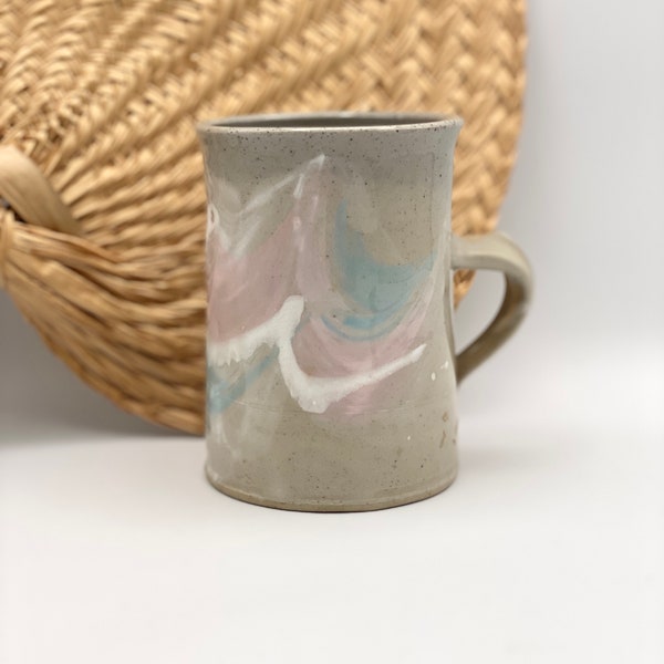 Vintage Hand-made Pottery Mug in Soft Blue, Pink, and White on Speckled Greige Body